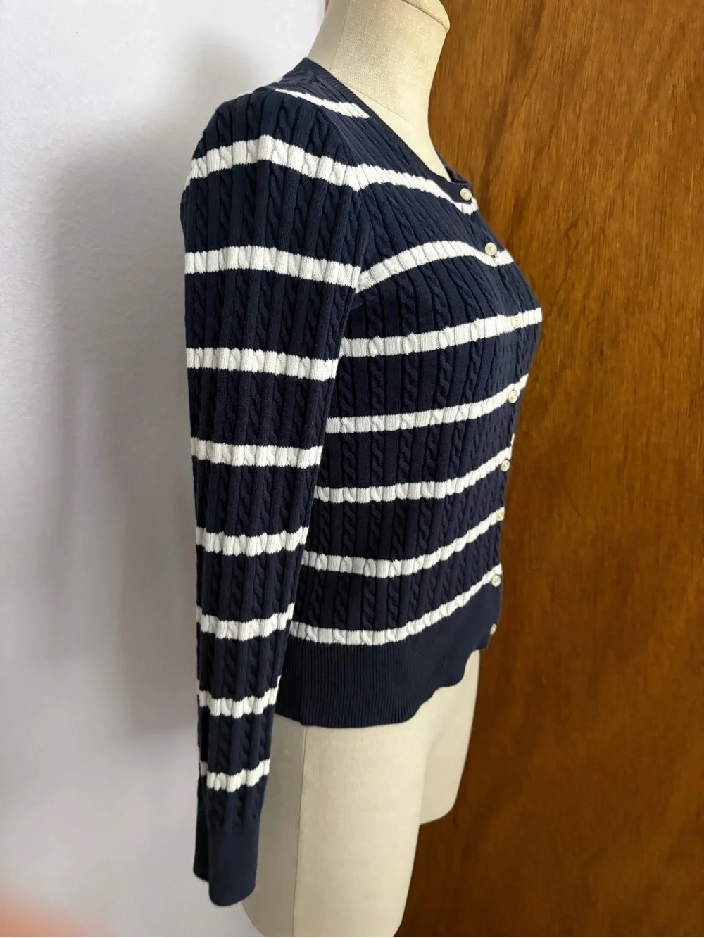 POLO RALPH LAUREN Girls sz XL 14-16 Cable Knit Cardigan Navy Blue White Striped - Picture 10 of 10